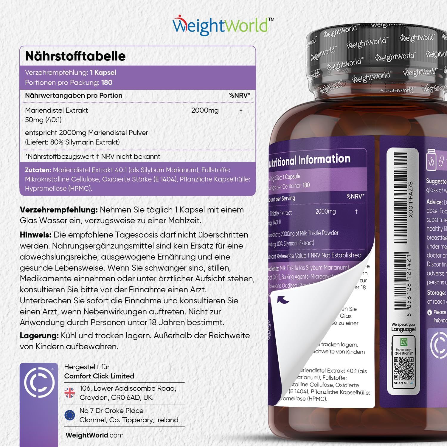 Voedingstabel en productfles met mariadistel capsules. Bevat informatie over ingrediënten en dosering. Fabrikant: Comfort Click Limited.
