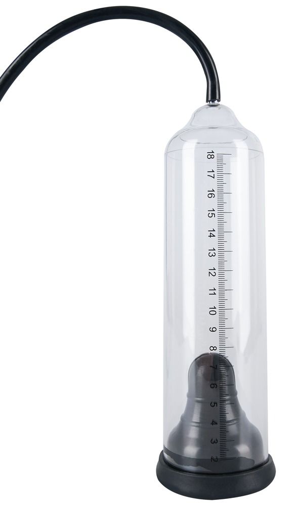 Cylindre transparent avec échelle et insert noir. Un tuyau est fixé au cylindre.