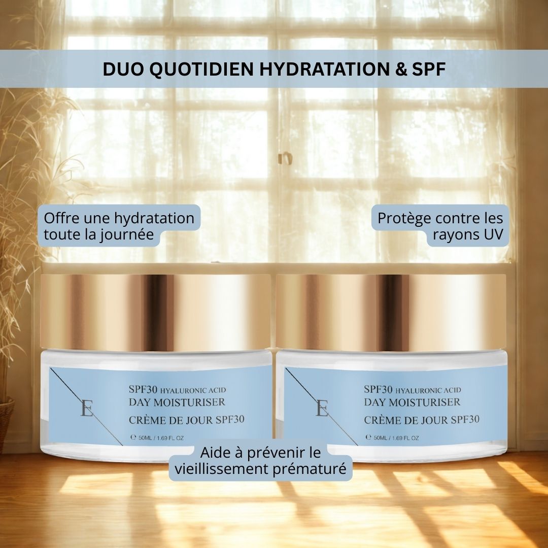 Deux pots de crème de jour ErthSkin London à l'acide hyaluronique SPF 30, étiquetés 'Offre une hydratation toute la journée', 'Protège contre les rayons UV', 'Aide à prévenir le vieillissement prématuré'.