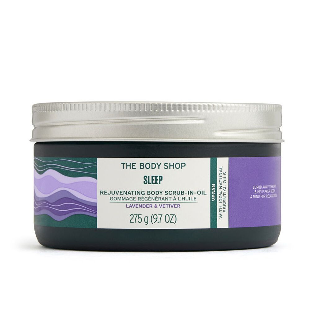 Donkergroene pot met zilveren deksel. Opschrift: Sleep, Rejuvenating Body Scrub-in-Oil, Lavendel & Vetiver. 275 g.