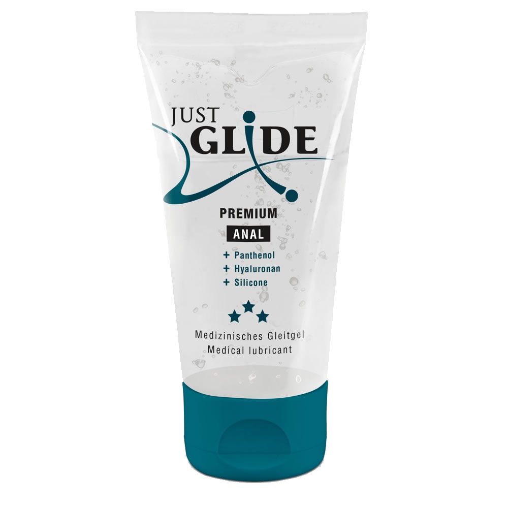 Transparante tube met blauwe dop. Opschrift: "JUST GLIDE PREMIUM ANAL". Sterren en ingrediënten.