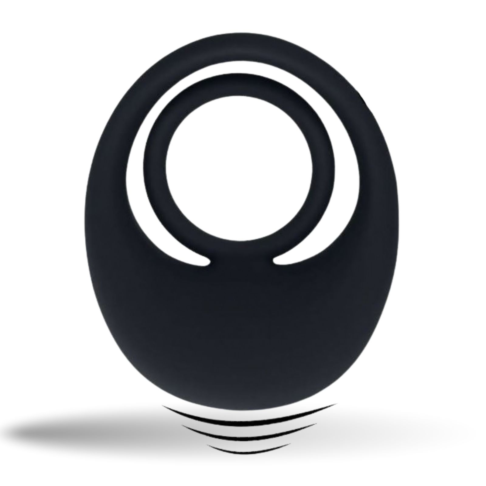 Zwarte penisring. Ovaal met twee concentrische ringen. Onderkant met drie groeven.