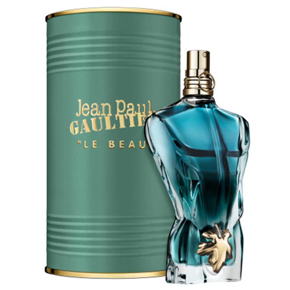 Flacon Jean Paul Gaultier "Le Beau" en forme de torse masculin, avec boîte. Détails dorés.