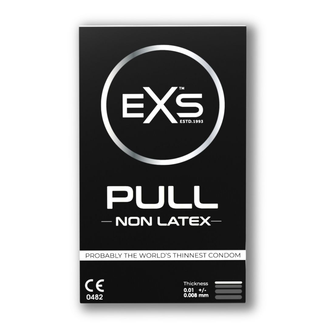 Emballage noir avec logo et texte. "PULL - NON LATEX" et marquage CE. Texte : "Probably the world's thinnest condom".