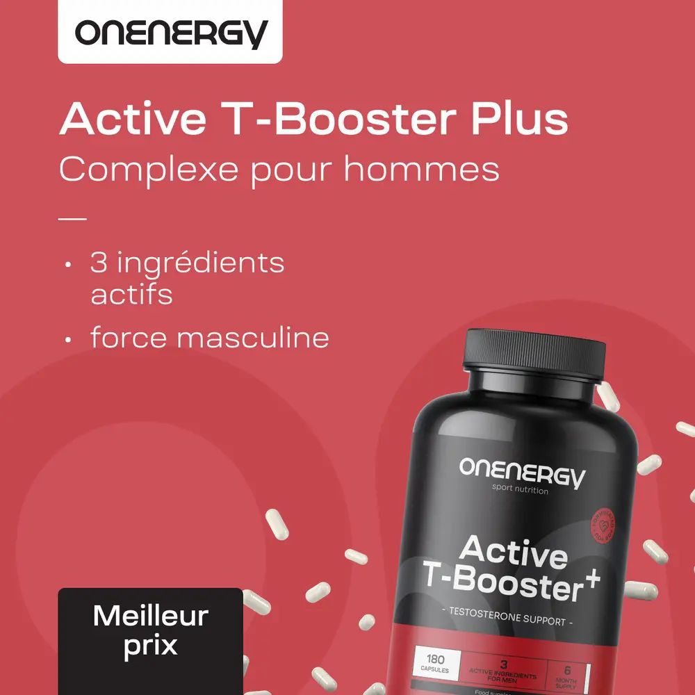 Bouteille OnEnergy Active T-Booster Plus avec texte : "3 ingrédients actifs", "Force masculine".