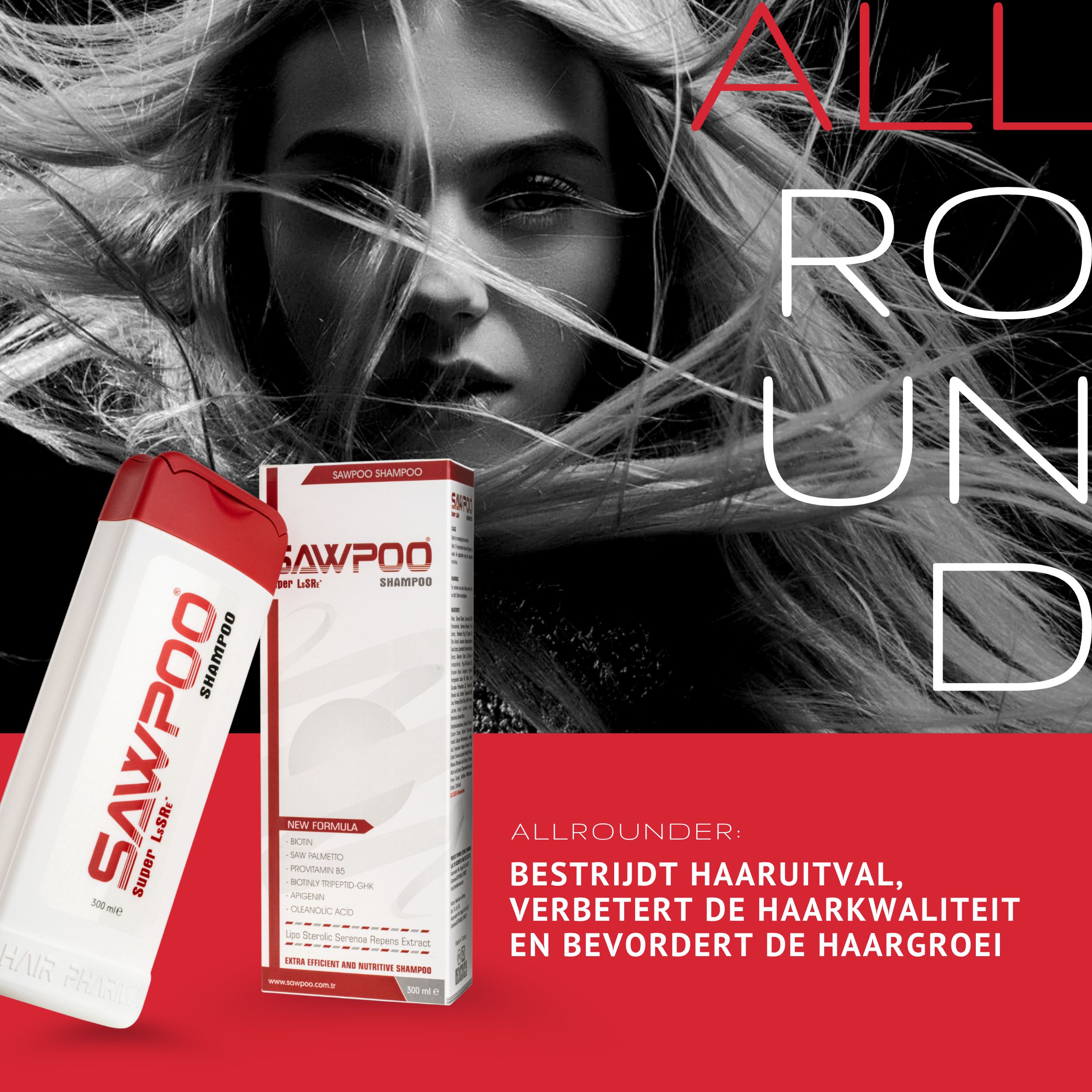 Reclame met vrouw en SAWPOO shampoo. Tekst: Bestrijdt haaruitval, verbetert haarkwaliteit, bevordert haargroei.