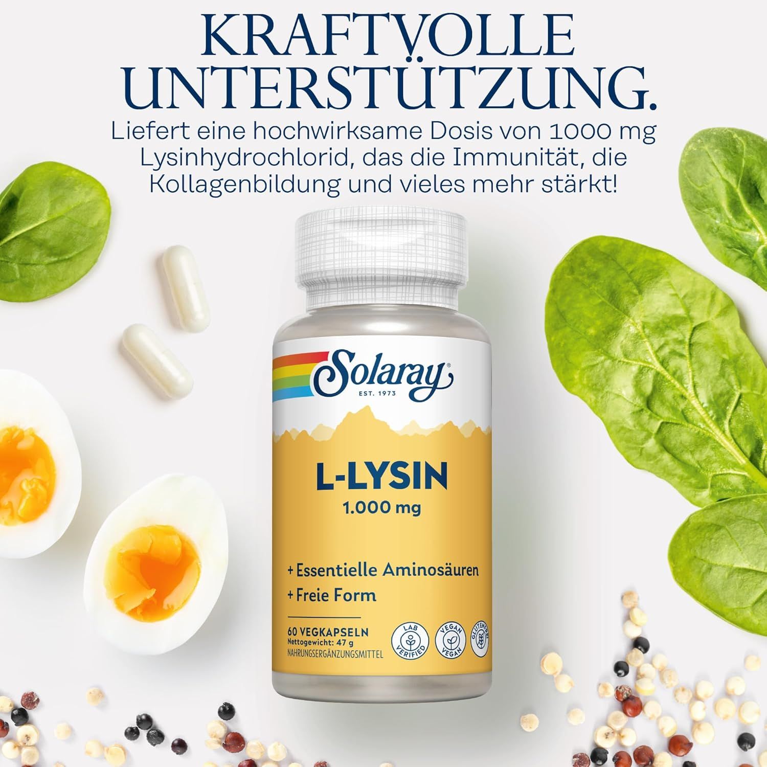 Gélules Solaray L-Lysine : Flacon de 60 gélules végétales, 1000 mg de L-Lysine par gélule. Testé en laboratoire, végétalien, sans gluten.