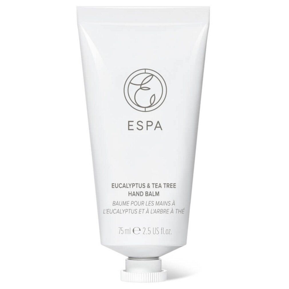Tube blanc de baume pour les mains ESPA Eucalyptus & Tea Tree. 75 ml. Bouchon blanc. Traduction française du nom du produit.