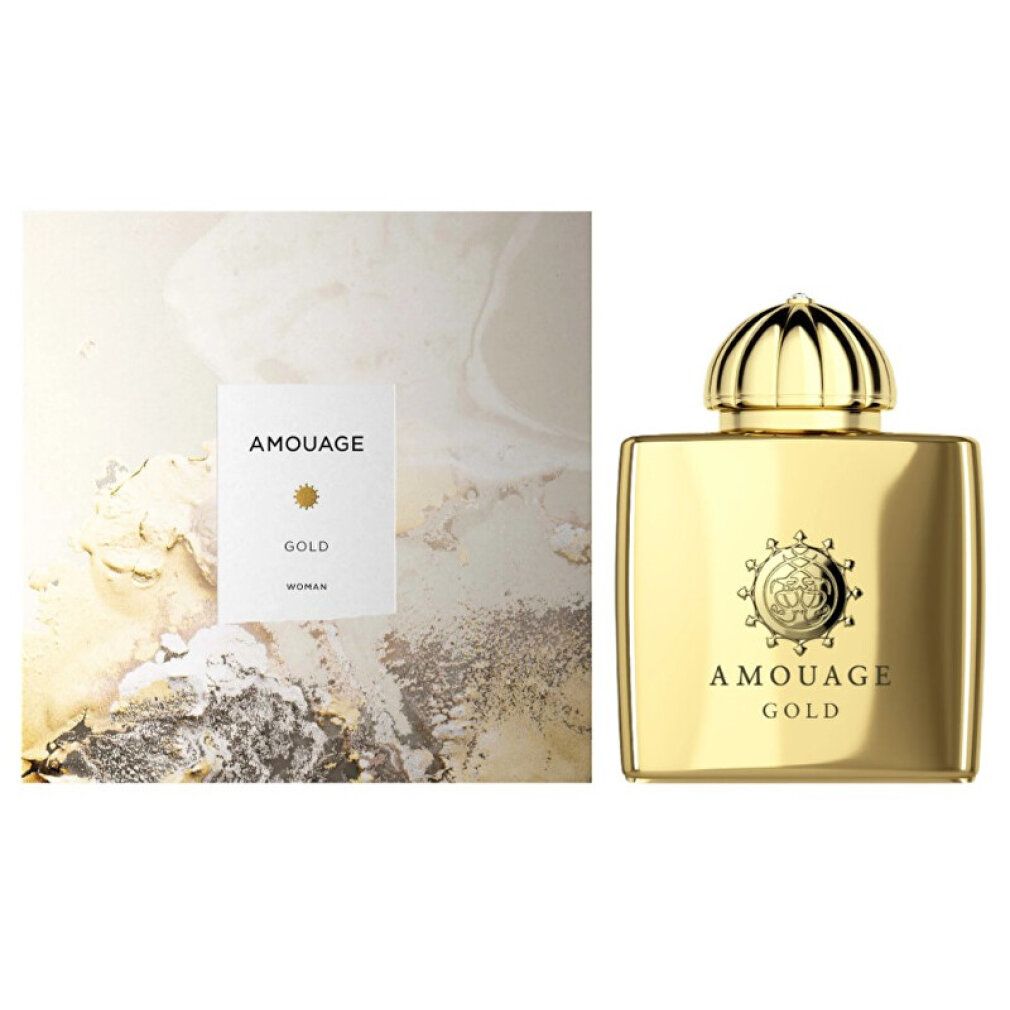 Flacon et emballage dorés. Inscription AMOUAGE GOLD. Emblème du logo sur l'emballage.