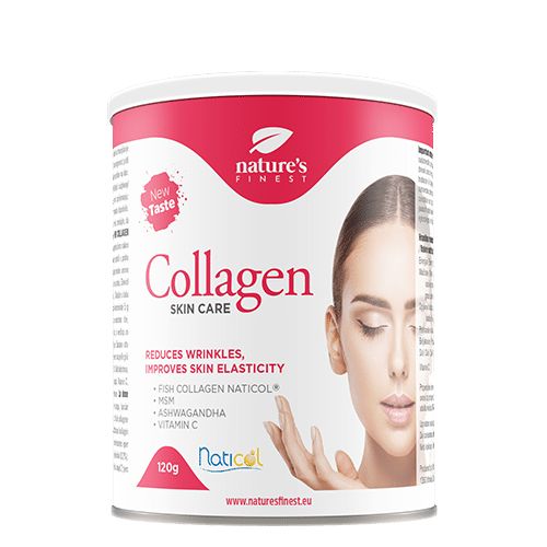 Produit SkinCare au collagène blanc. Couvercle rouge avec logo et texte. 120g. Réduit les rides, améliore l'élasticité de la peau.