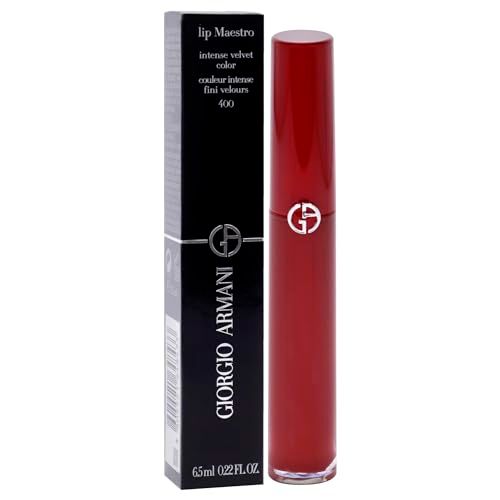 Rode lipstick en zwarte verpakking. Opschrift: Giorgio Armani, Lip Maestro, 400. Zilveren logo.