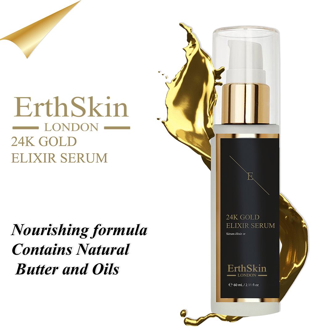 Flacon de sérum avec étiquette noire et détails dorés. Éclaboussure dorée en arrière-plan. Texte : 24K Gold Elixir Serum.