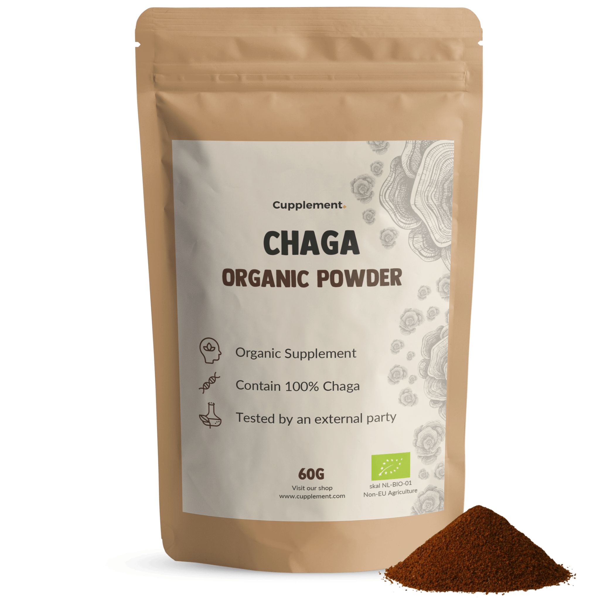 Zakje met Chaga Organic Powder. Opschriften: Cupplement, 60g, Organic Supplement, 100% Chaga, bio-label, hoopje poeder.