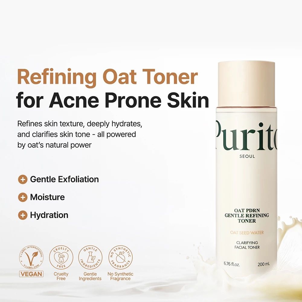 Product met tekst: Refining Oat Toner for Acne Prone Skin. Logo's: Vegan, Cruelty Free, Gentle Ingredients, No Synthetic Fragrance.