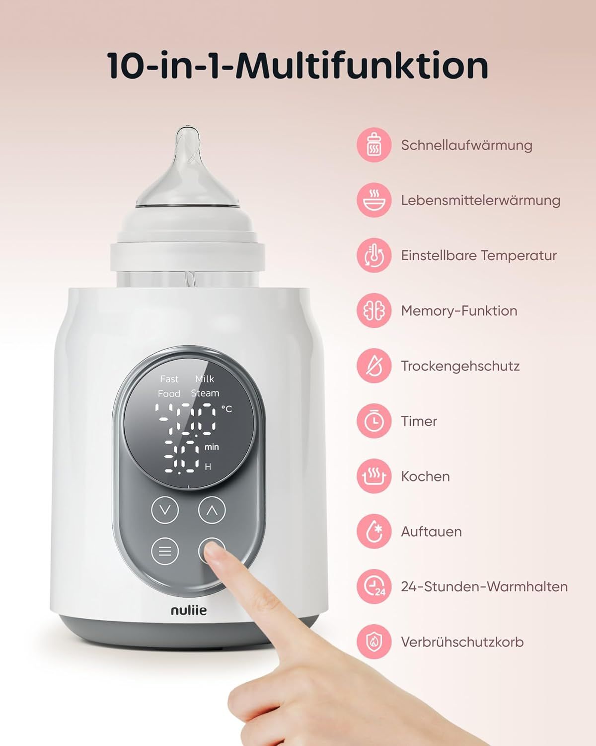 Nuliie flessenwarmer met 10-in-1 multifunctioneel. Vinger bedient touchscreen display.
