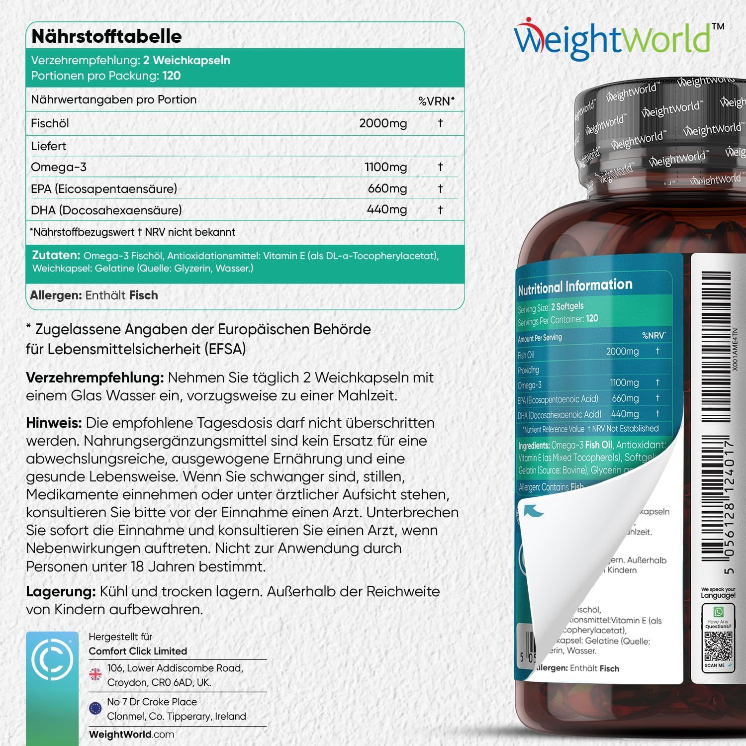 Voedingstabel met visolie, Omega 3, EPA en DHA. Fles met 120 capsules. WeightWorld.
