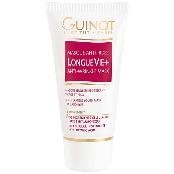Tube blanche et rouge. Inscription « LONGUE VIE+ ANTI-WRINKLE MASK » et « GUINOT PARIS ». Masque anti-rides.
