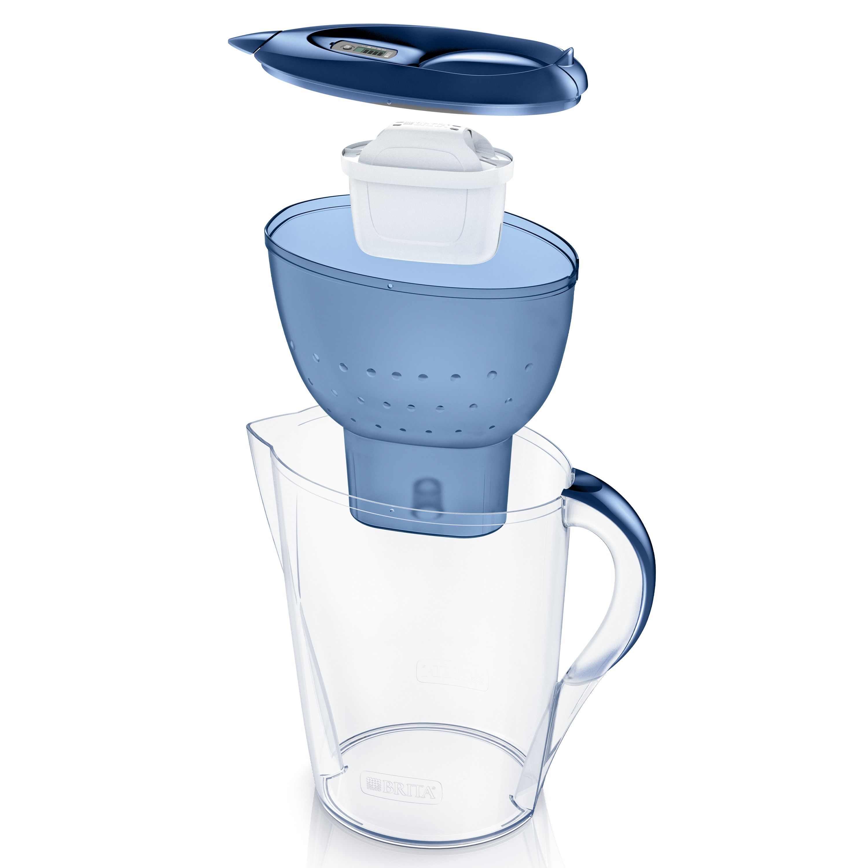 Carafe filtrante BRITA Marella XL démontée : pichet, porte-filtre, couvercle et cartouche MAXTRA PRO.