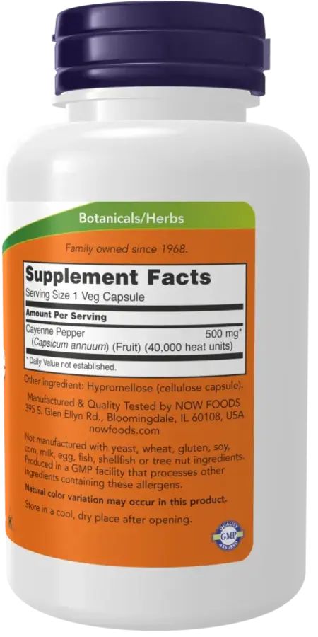Dos du flacon. Étiquette orange avec informations nutritionnelles et ingrédients. Logo "NOW FOODS" et sceau GMP.