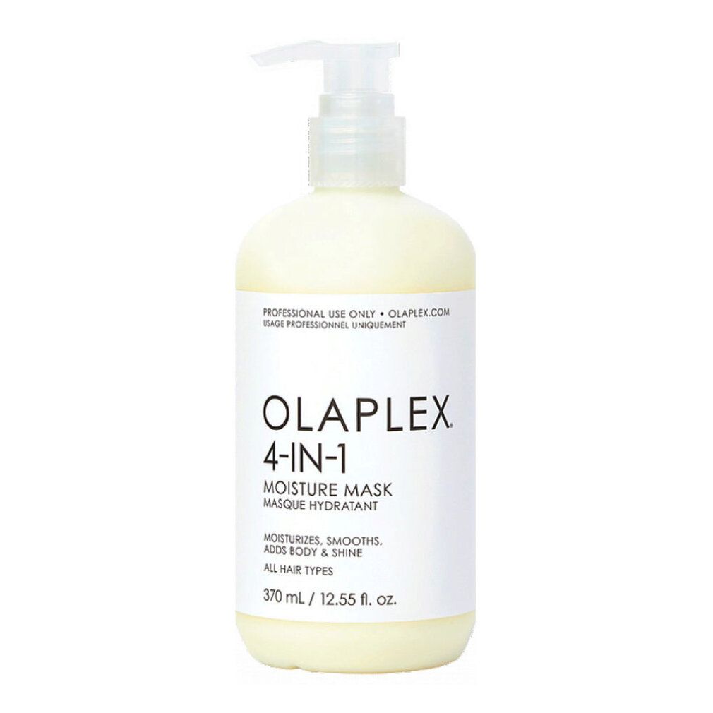 Masque hydratant Olaplex 4-en-1. Flacon blanc avec pompe. Texte : Moisture Mask, 370 ml. Pour tous types de cheveux.