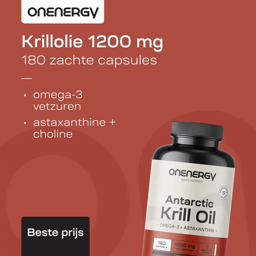 Productafbeelding. Tekst: Krillolie 1200 mg, 180 zachte capsules. Omega-3 vetzuren, astaxanthine + choline. Beste prijs.