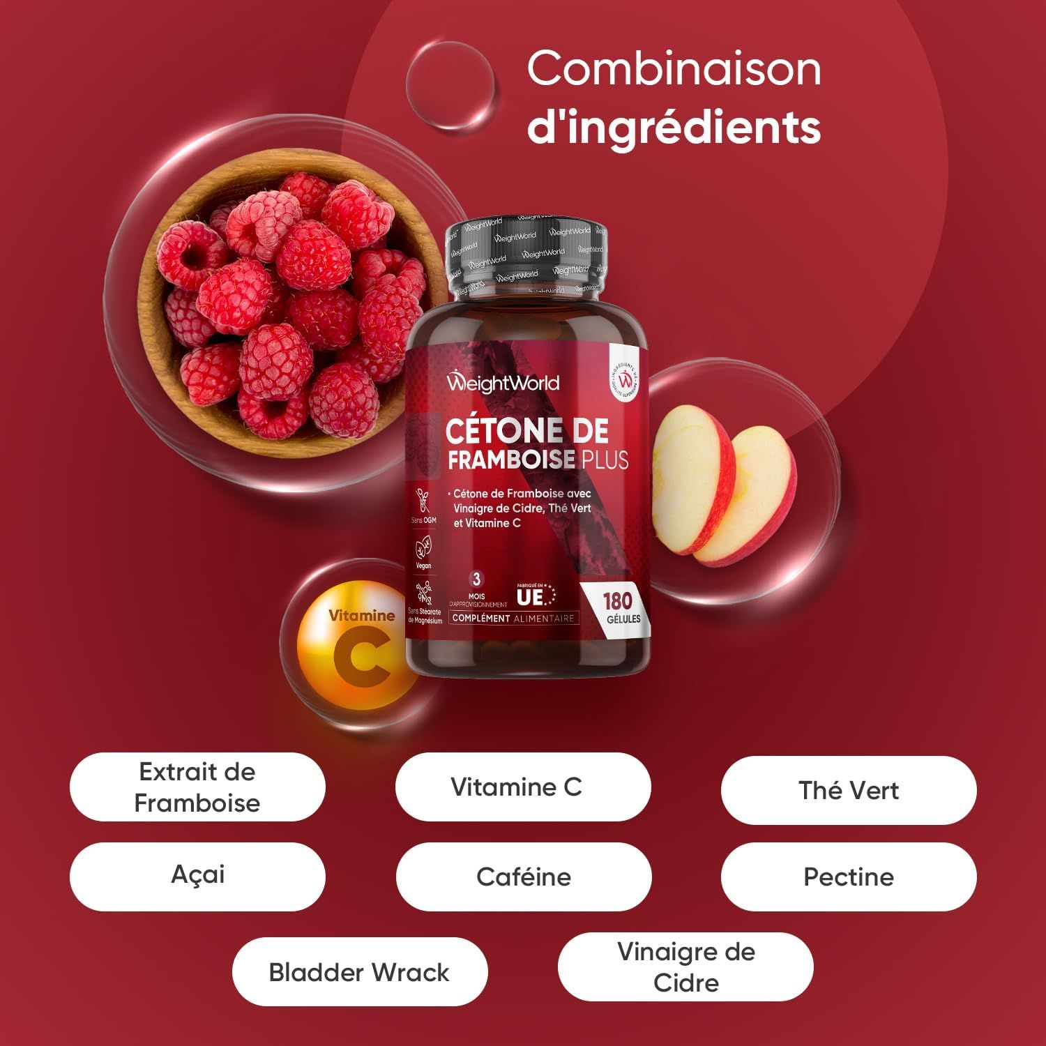 Bouteille WeightWorld Cétones de Framboise Plus avec bol de framboises, tranches de pomme et symbole Vitamine C. Liste des ingrédients en bas.