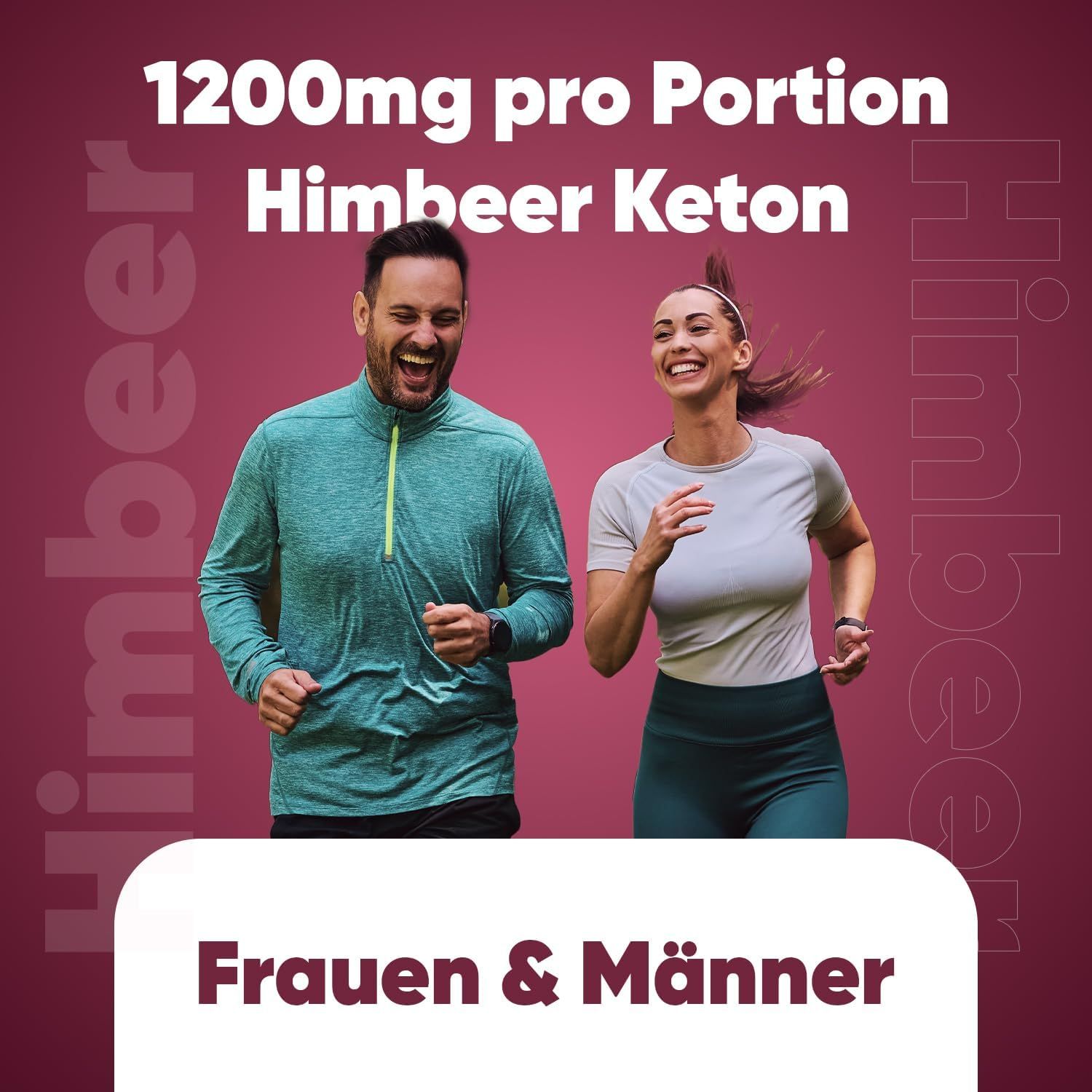 Deux personnes courent. Texte: 1200mg par portion cétone de framboise. Femmes et hommes.
