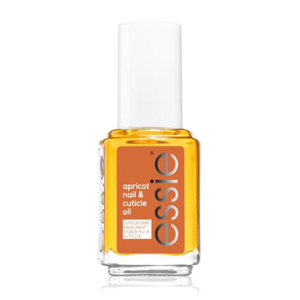Flacon en verre avec liquide jaune et bouchon blanc. Étiquette : apricot nail & cuticle oil, essie.