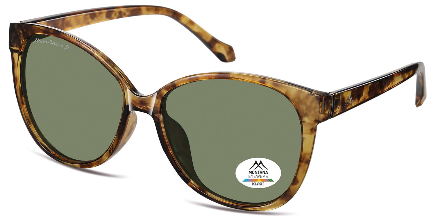 Lunettes de soleil avec monture marron et verres verts. Un autocollant sur un verre porte le logo Montana Eyewear et l'inscription 'Polarized'.