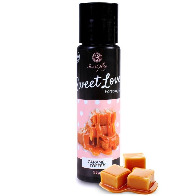 Fles Sweet Love Foreplay Gel Caramel Toffee, 55g, met karamel-toffee stukjes.