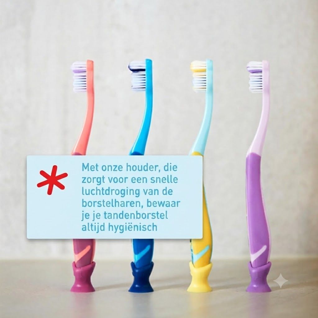 Vier tandenborstels in roze, blauw, lichtblauw en paars met bijpassende houders.