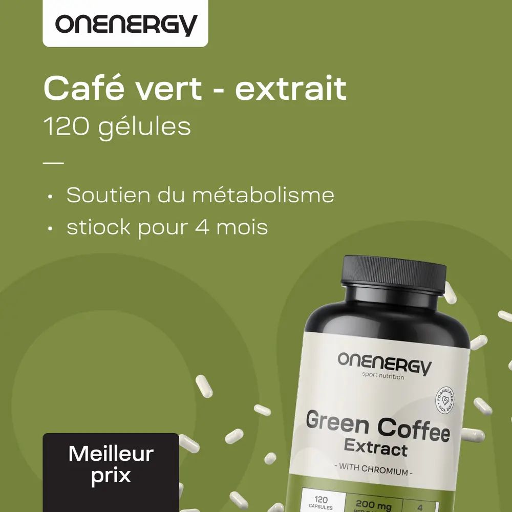 Bouteille de 120 gélules d'extrait de café vert OnEnergy.