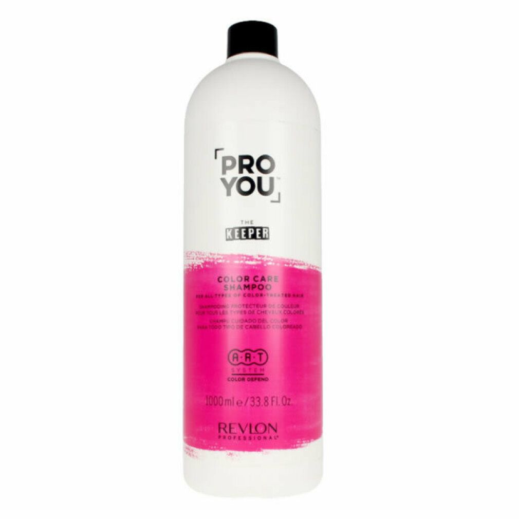 Witte en roze shampoo fles met zwarte dop. Opschrift: PRO YOU, THE KEEPER, COLOR CARE SHAMPOO, Revlon Professional.