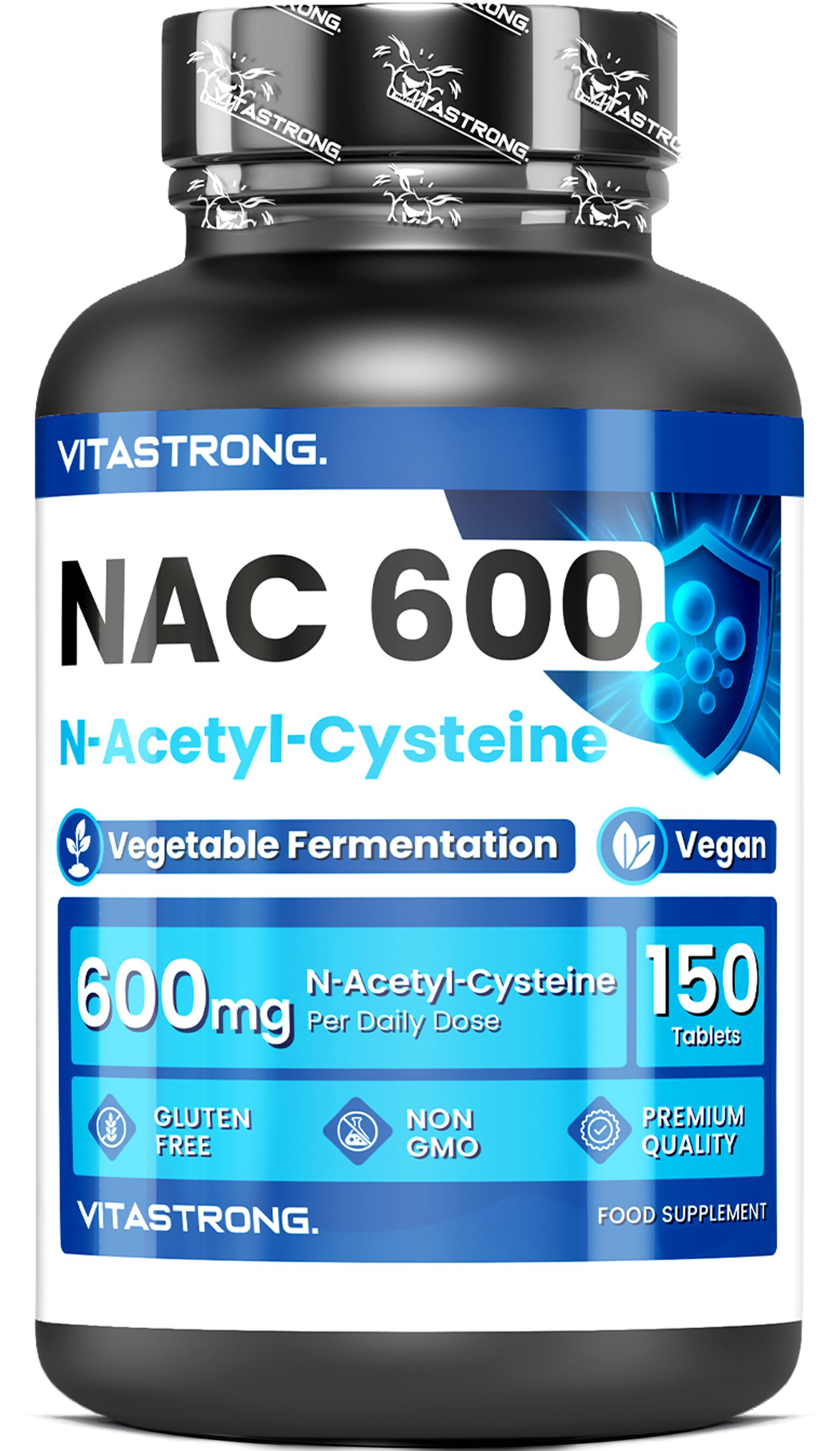 Vitastrong NAC 600: Flacon noir de 150 gélules veganes, N-Acétyl-Cystéine.