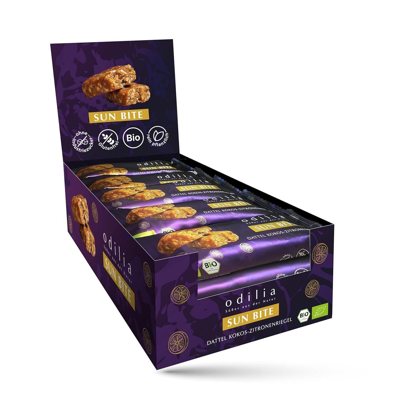 Barres Odilia Sun Bite en boîte présentoir. Certifié bio, sans gluten.