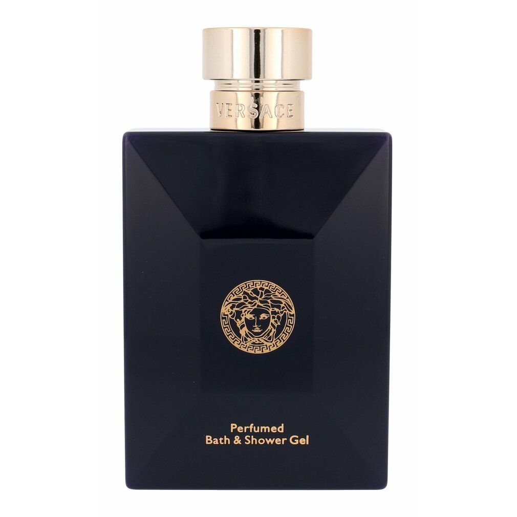 Flacon bleu foncé avec bouchon doré. Logo Medusa doré et inscription "Perfumed Bath & Shower Gel".