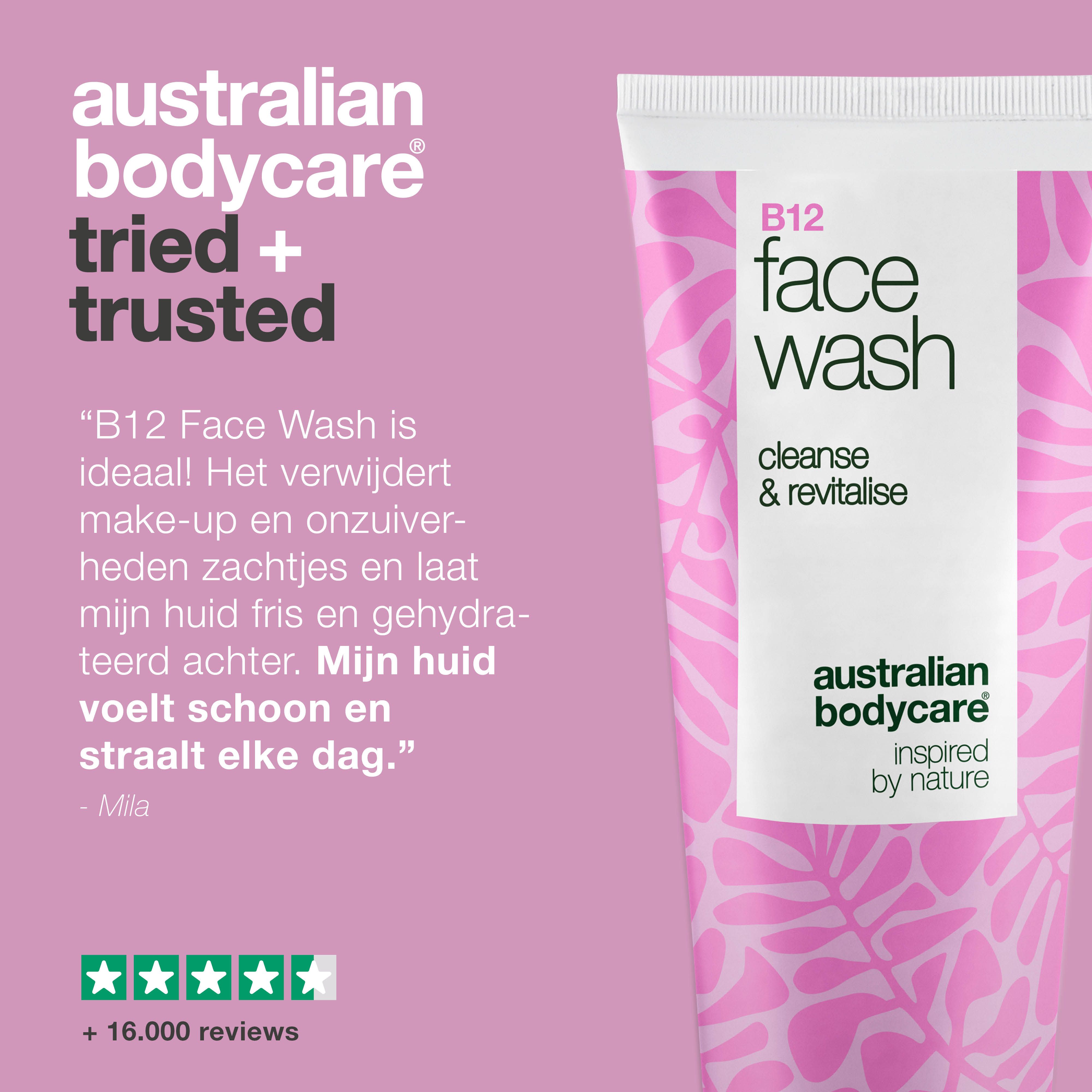 Tube gezichtsreiniger met tekst en beoordeling. Opschrift: B12 Face Wash, cleanse & revitalise, Australian Bodycare. +16.000 beoordelingen.