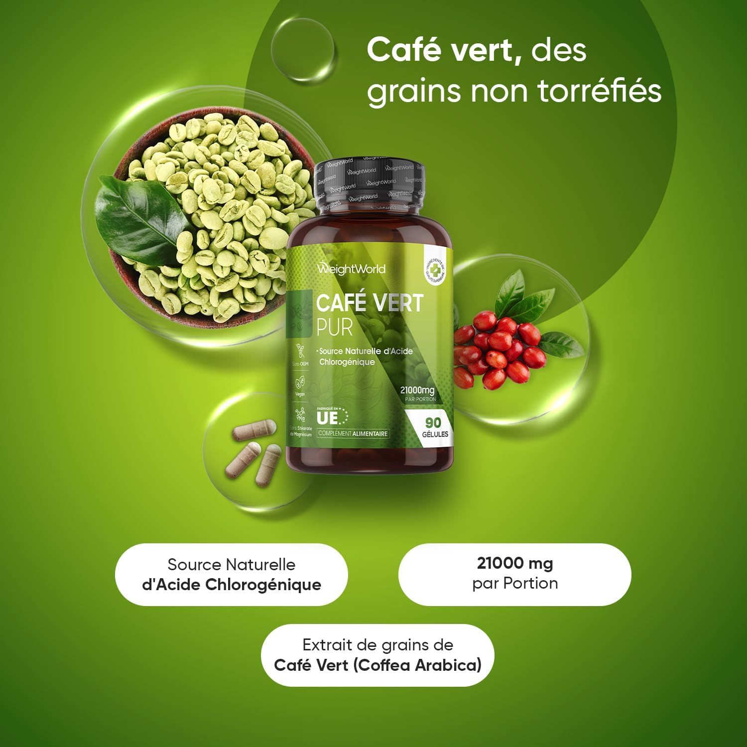 Gélules WeightWorld Café Vert : 21.000mg par portion, source naturelle d'acide chlorogénique.