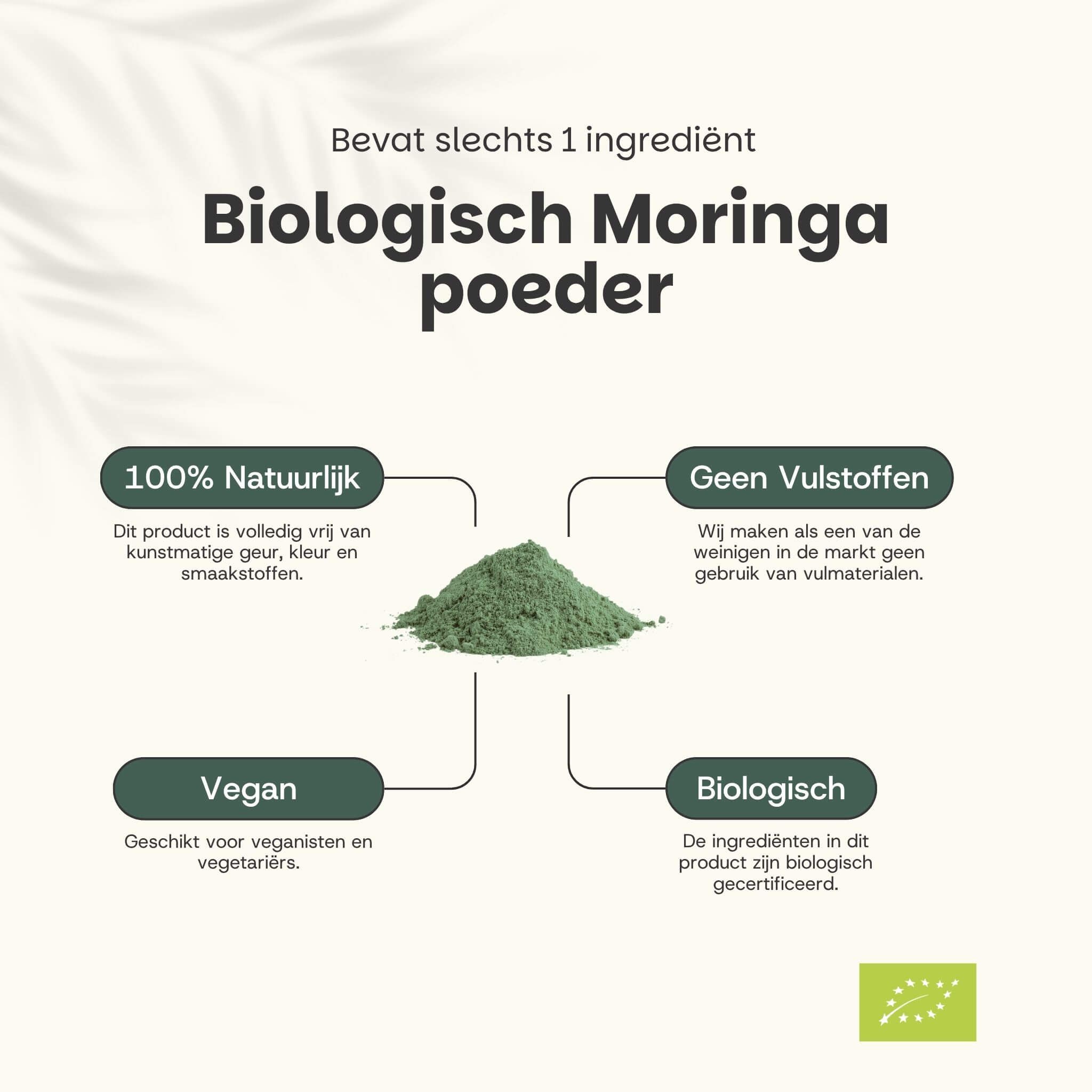Bruin zakje Cupplement Moringa BIO. Tekst: Organic Supplement, 100% Moringa, 60g. Voordelen: energie, stress, bloedsuiker.