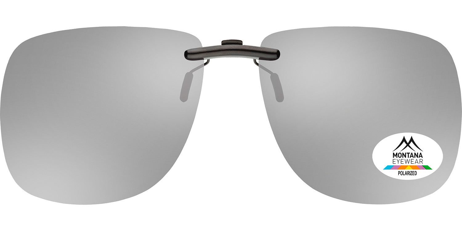 Clip solaire avec verres argentés. Monture noire. Autocollant avec logo et "Polarized".