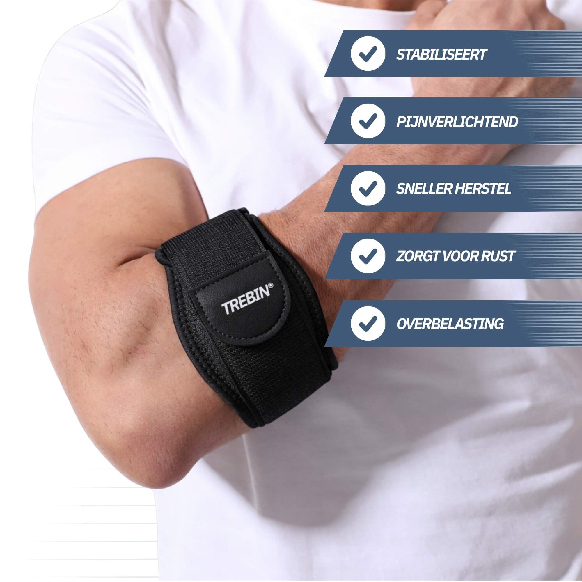 Zwarte compressie elleboogbrace met klittenbandsluiting. Biedt stabilisatie en pijnverlichting.