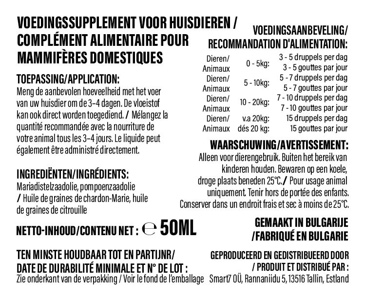 Etiket met tekst en doseringsaanbeveling. Achterkant.