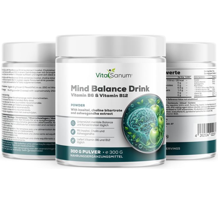 Trois pots de poudre VitaSanum Mind Balance Drink, devant avec étiquette et illustration de cerveau.