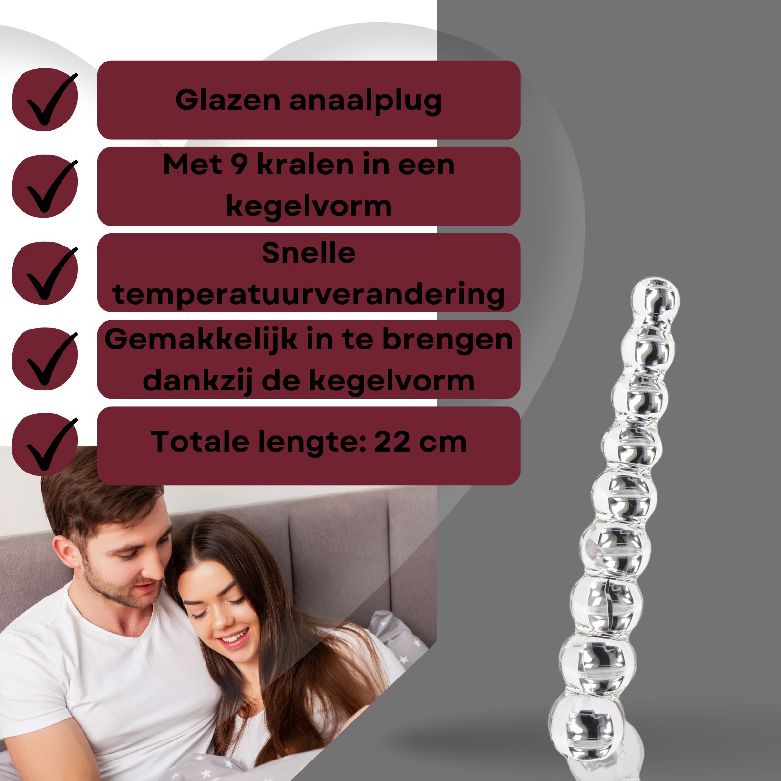 Glazen anale plug met 9 kralen. Kegelvorm, 22 cm lang. Snelle temperatuurverandering.