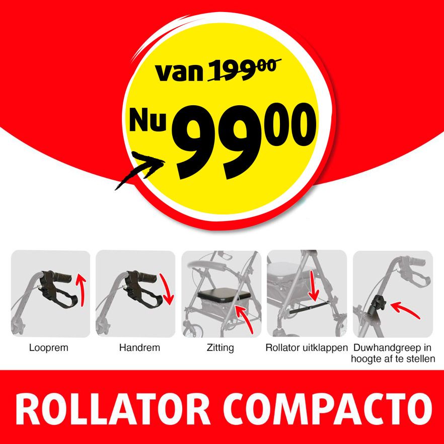 Publicité pour Rollator Compacto. Réduction de prix de 199,00 à 99,00. Illustrations des fonctions : frein, poignée, siège, dépliage, réglage en hauteur.