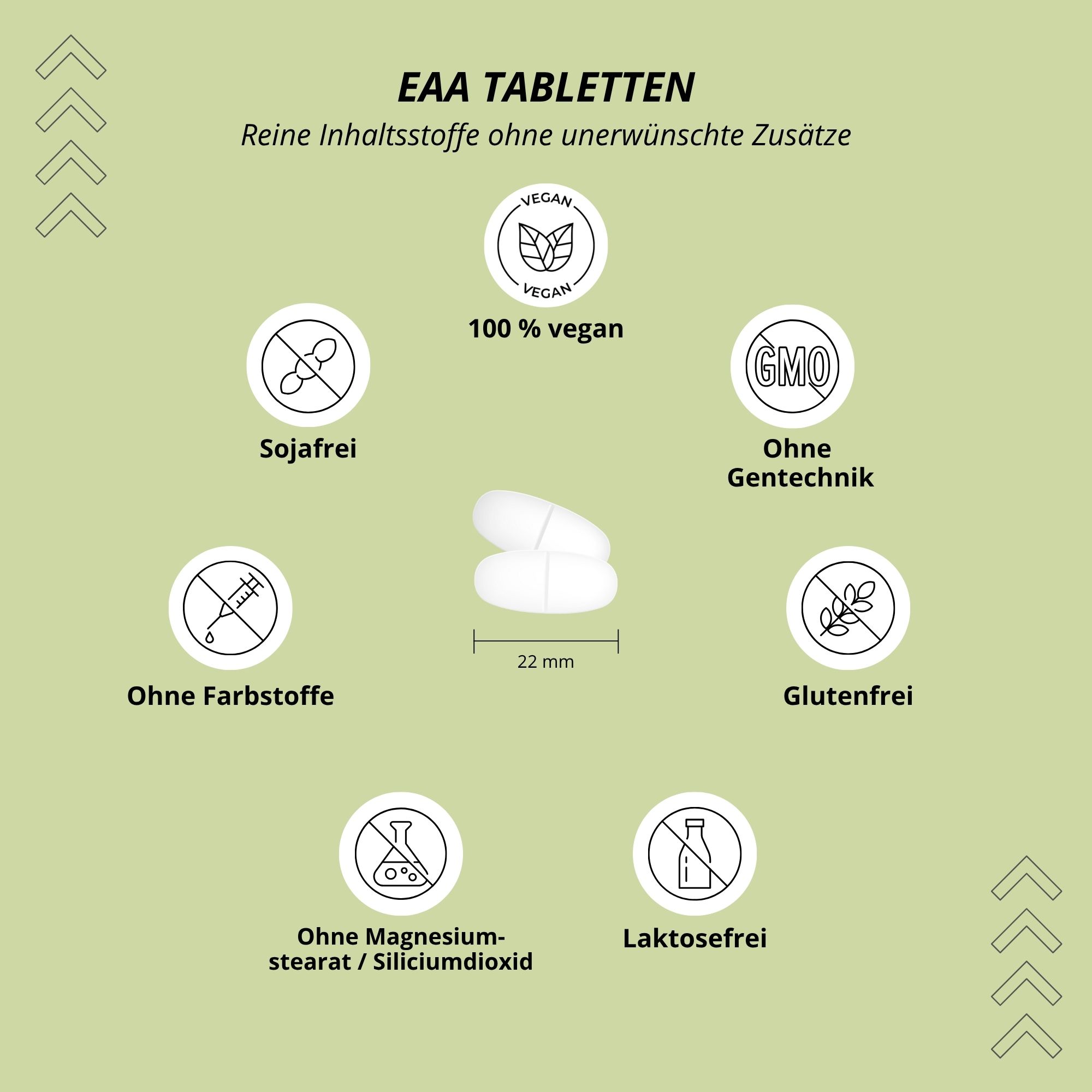 Twee witte tabletten van 22 mm. Grafieken: vegan, sojavrij, zonder kleurstoffen, zonder magnesiumstearaat, zonder genetische manipulatie, glutenvrij, lactosevrij.