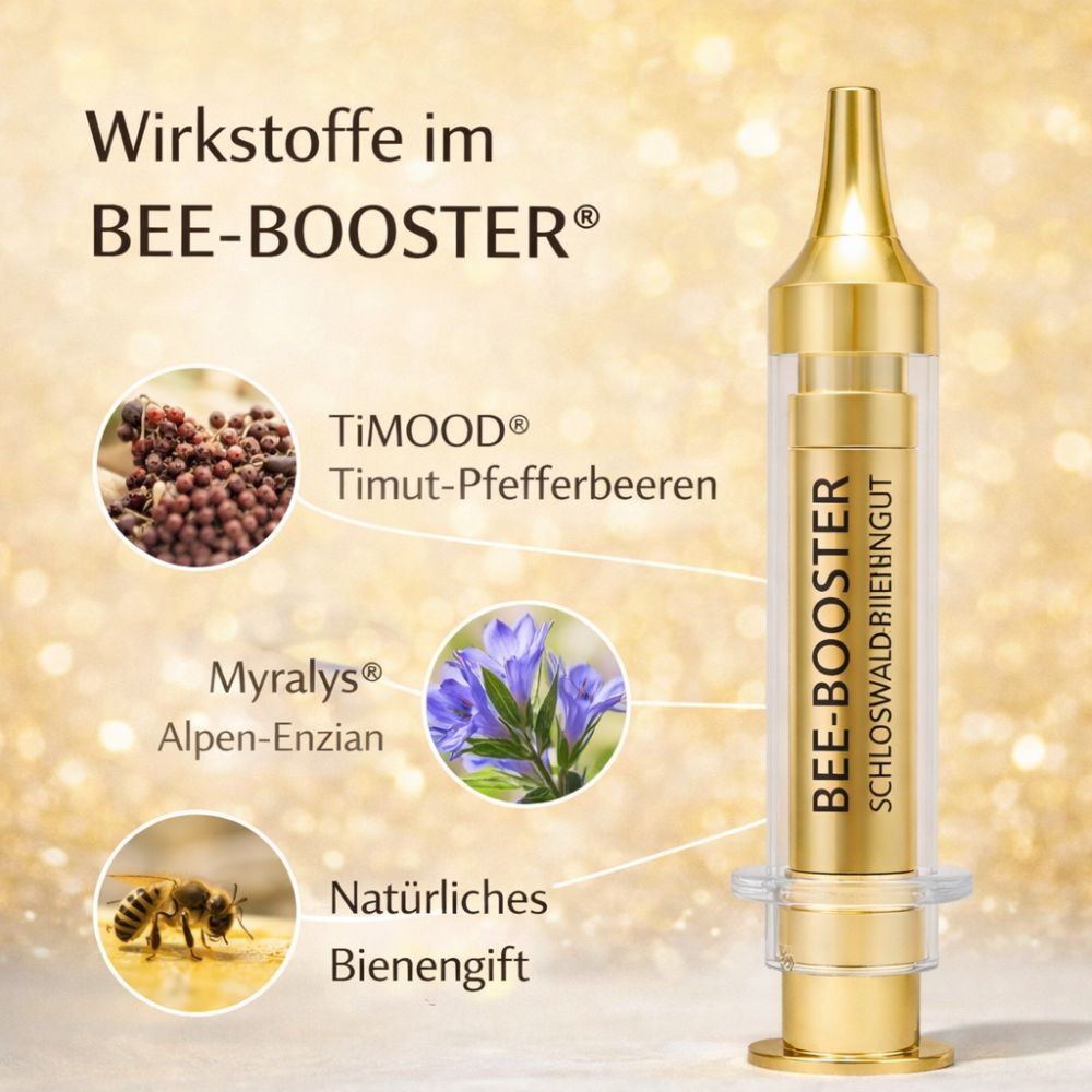 Gouden spuit met tekst BEE-BOOSTER® en Schloßwald-Bienengut®. Illustraties van ingrediënten: bessen, gentiaan, bij.