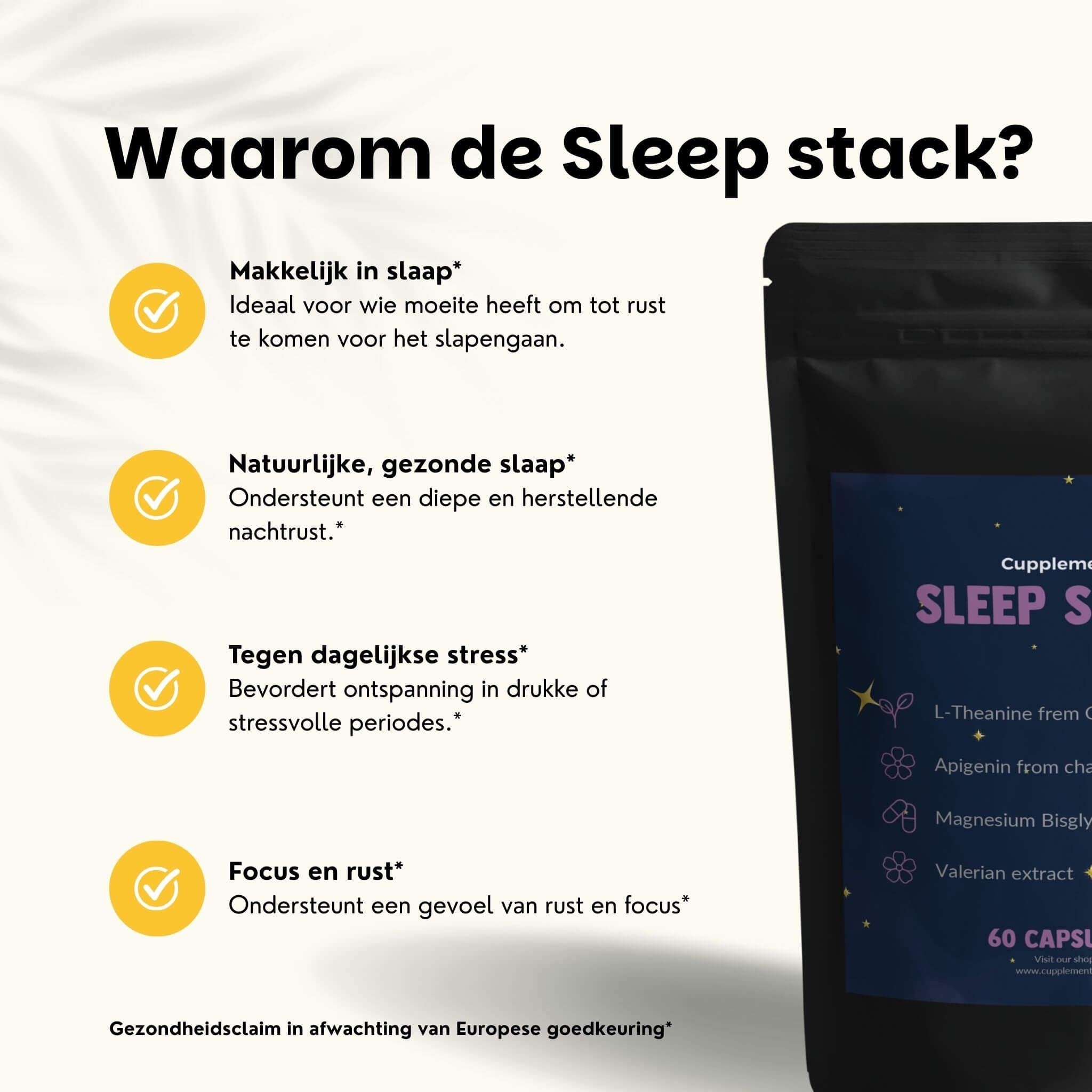 Zwart zakje 'Sleep Stack' met 60 capsules. Tekst: Waarom Sleep Stack? Natuurlijke slaap, tegen stress, focus.