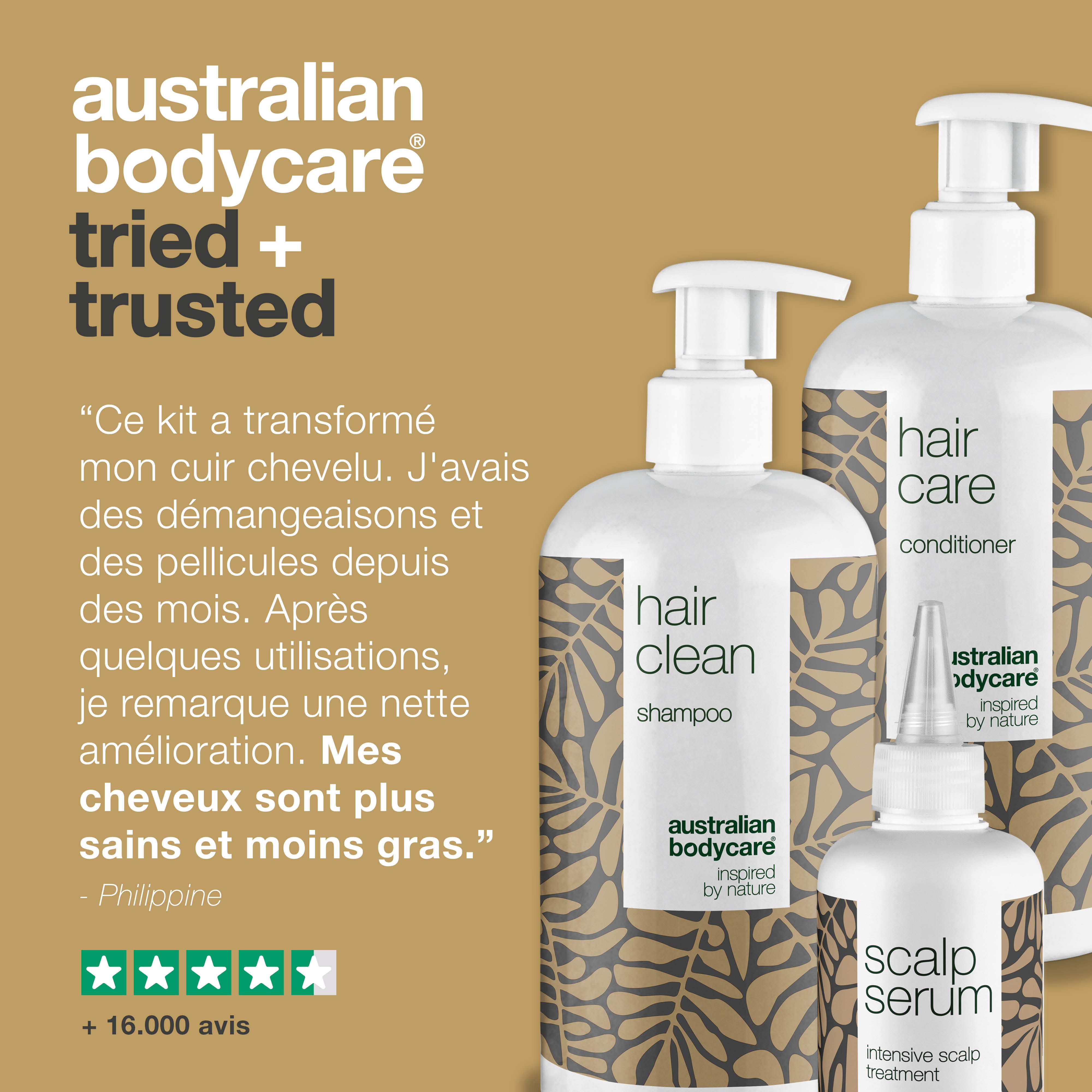 Trois flacons Australian Bodycare. Citation : Ce kit a transformé mon cuir chevelu. Mes cheveux sont plus sains et moins gras.