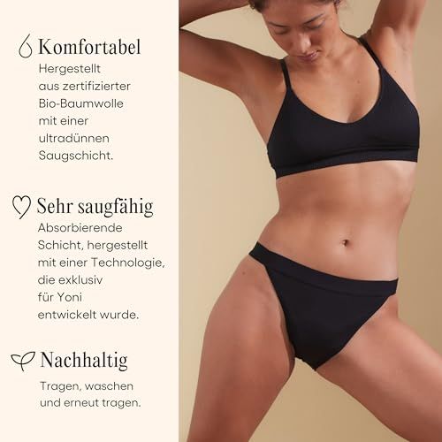 Personne en culotte et soutien-gorge noirs. Texte : Confortable, absorbant, durable. Description.